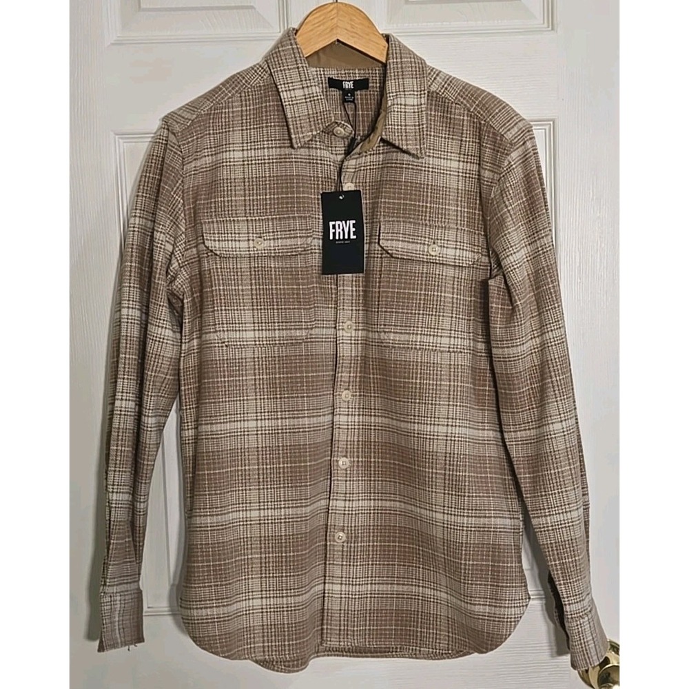FRYE Mens Shirt SMALL Khaki Plaid Woven Long Sleeve Collared Button Down NEW